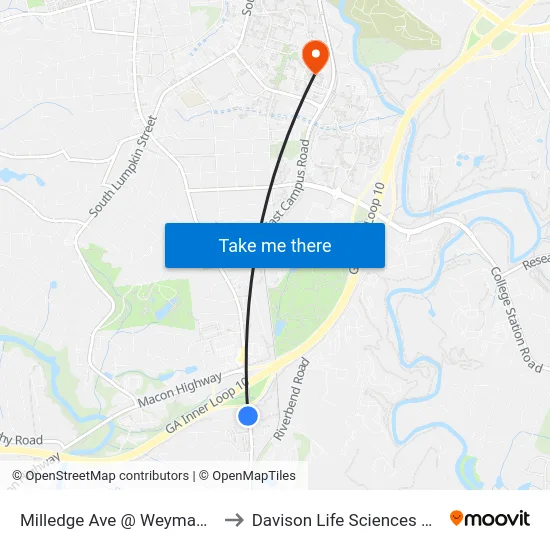 Milledge Ave @ Weymand Cir Sb to Davison Life Sciences Complex map