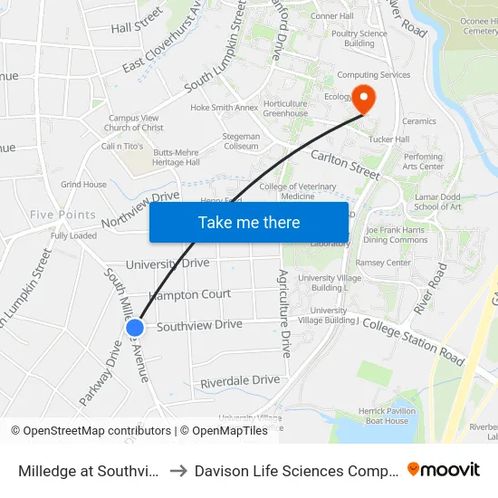 Milledge at Southview to Davison Life Sciences Complex map