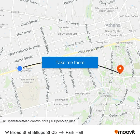 W Broad St at Billups St Ob to Park Hall map