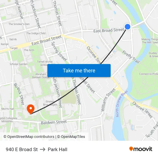 940 E Broad St to Park Hall map