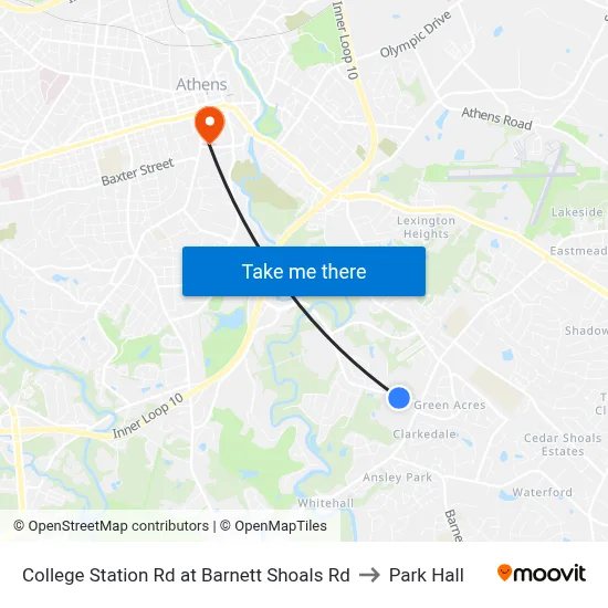 College Station Rd at Barnett Shoals Rd to Park Hall map
