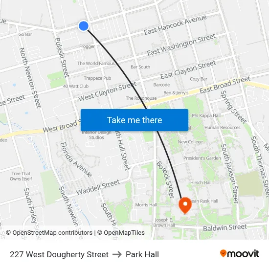 227 West Dougherty Street to Park Hall map