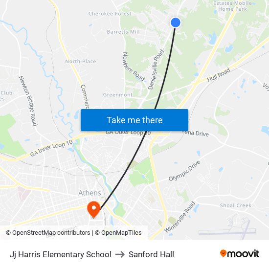 Jj Harris Elementary School to Sanford Hall map