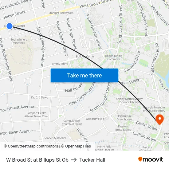 W Broad St at Billups St Ob to Tucker Hall map