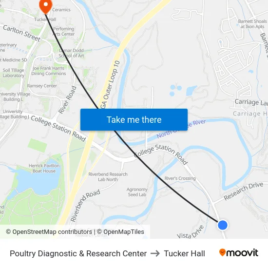 Poultry Diagnostic & Research Center to Tucker Hall map