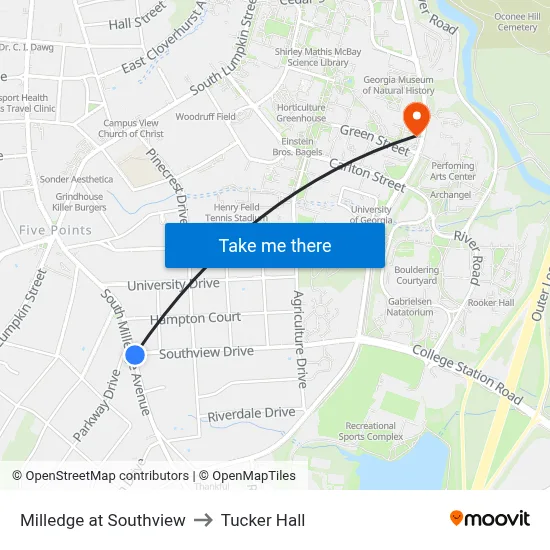 Milledge at Southview to Tucker Hall map