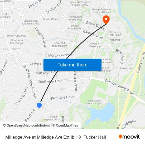 Milledge Ave at Milledge Ave Ext Ib to Tucker Hall map