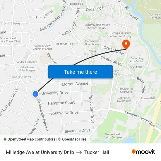 Milledge Ave at University Dr Ib to Tucker Hall map
