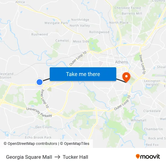 Georgia Square Mall to Tucker Hall map