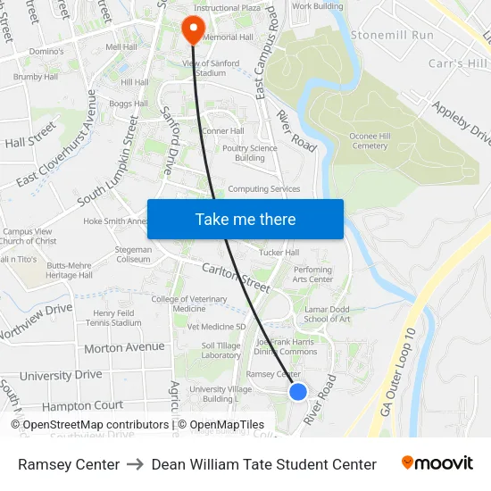 Ramsey Center to Dean William Tate Student Center map