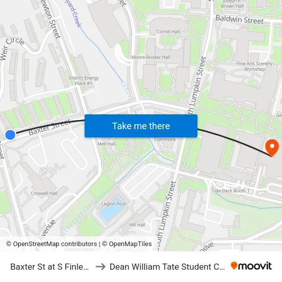 Baxter St at S Finley Ob to Dean William Tate Student Center map