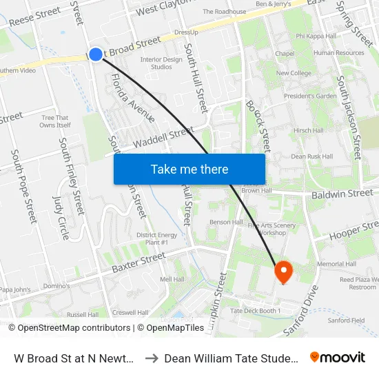 W Broad St at N Newton St Ob to Dean William Tate Student Center map