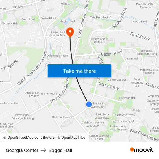 Georgia Center to Boggs Hall map