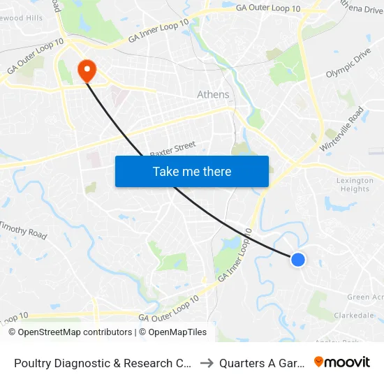Poultry Diagnostic & Research Center to Quarters A Garage map