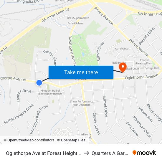 Oglethorpe Ave at Forest Heights Dr to Quarters A Garage map