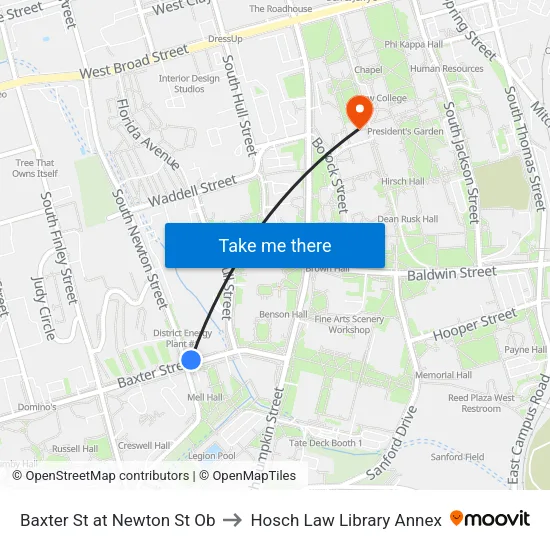 Baxter St at Newton St Ob to Hosch Law Library Annex map
