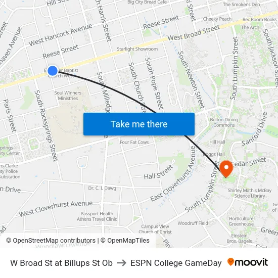 W Broad St at Billups St Ob to ESPN College GameDay map