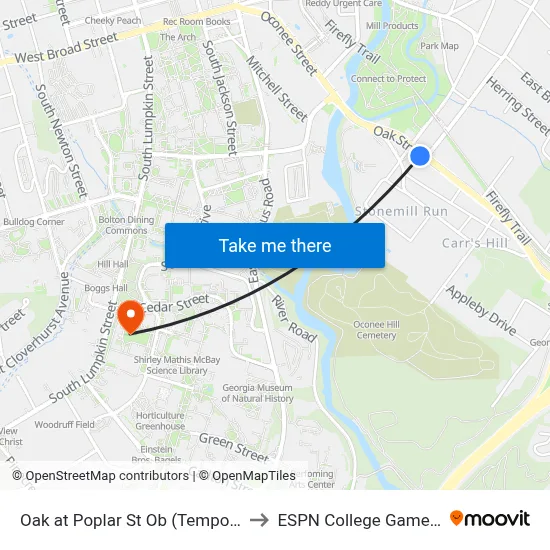 Oak at Poplar St Ob (Temporary) to ESPN College GameDay map