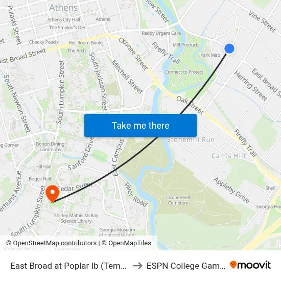 East Broad at Poplar Ib (Temporary) to ESPN College GameDay map