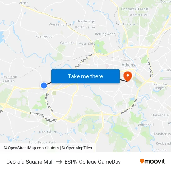Georgia Square Mall to ESPN College GameDay map