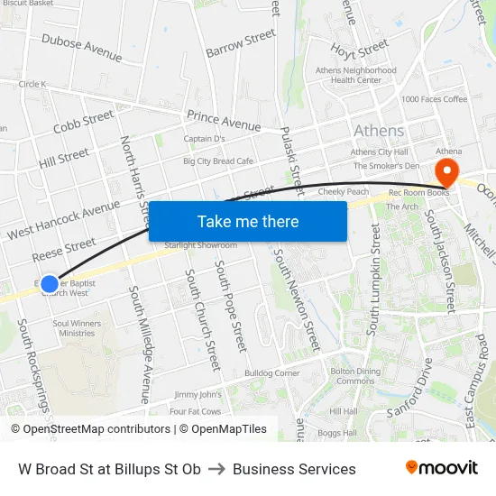 W Broad St at Billups St Ob to Business Services map