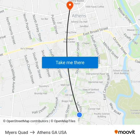 Myers Quad to Athens GA USA map