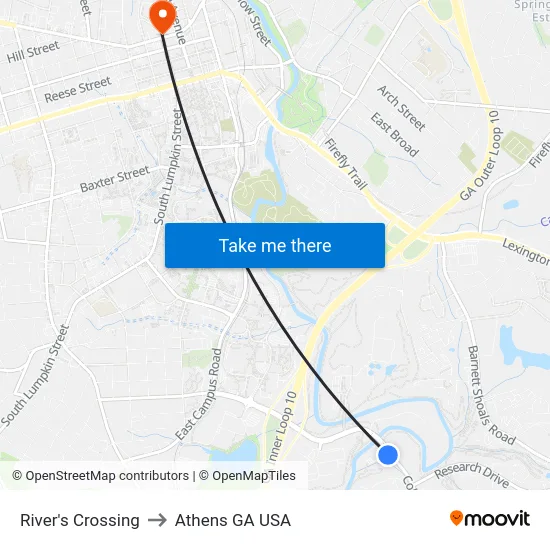 River's Crossing to Athens GA USA map