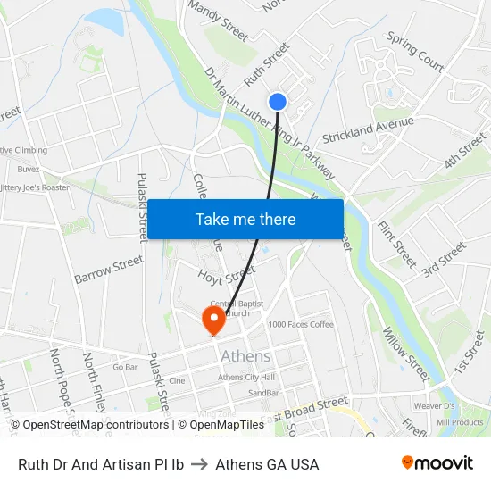 Ruth Dr And Artisan Pl Ib to Athens GA USA map