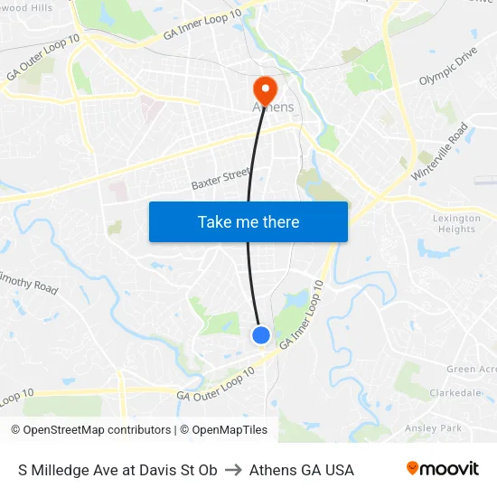 S Milledge Ave at Davis St Ob to Athens GA USA map