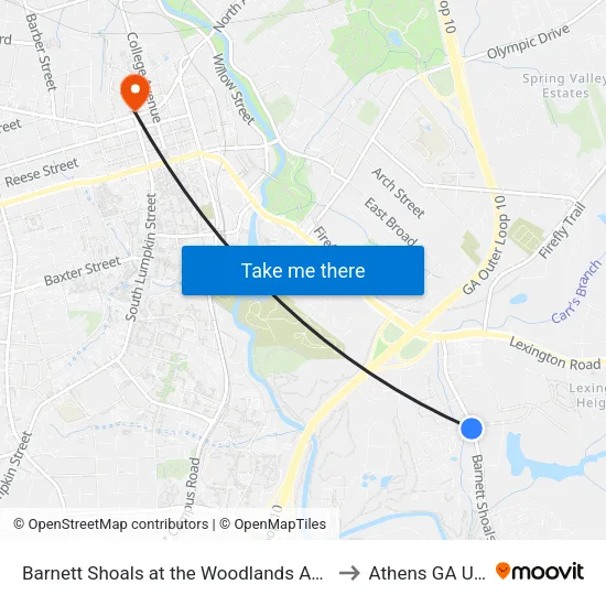 Barnett Shoals at the Woodlands Apt Ob to Athens GA USA map