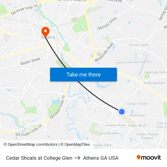 Cedar Shoals at College Glen to Athens GA USA map