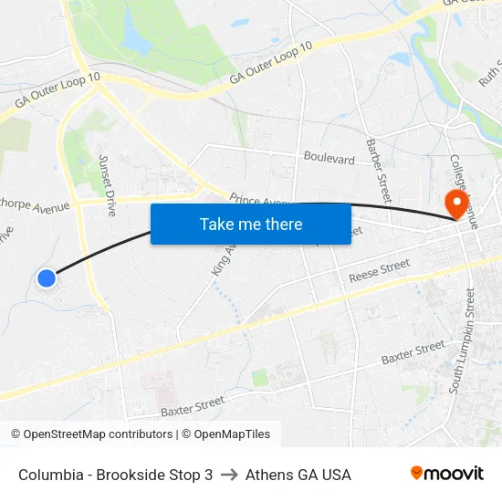 Columbia - Brookside Stop 3 to Athens GA USA map