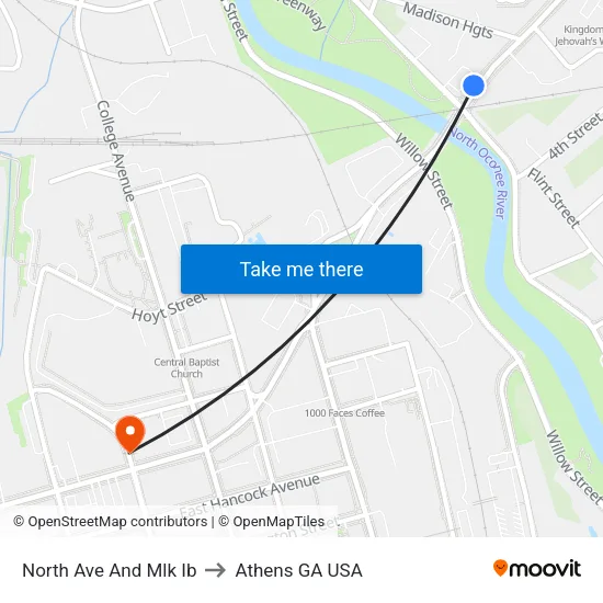 North Ave And Mlk Ib to Athens GA USA map