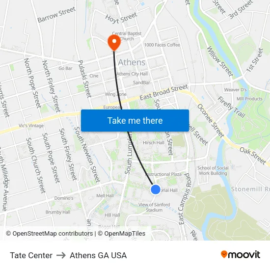 Tate Center to Athens GA USA map