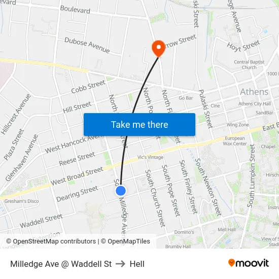 Milledge Ave @ Waddell St to Hell map
