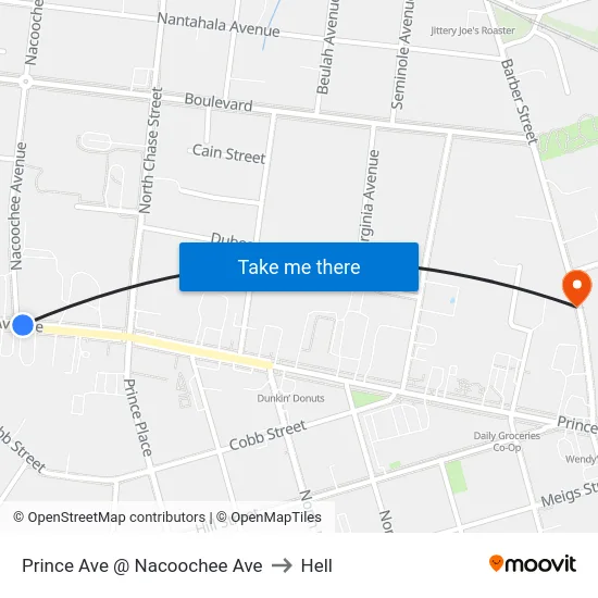 Prince Ave @ Nacoochee Ave to Hell map
