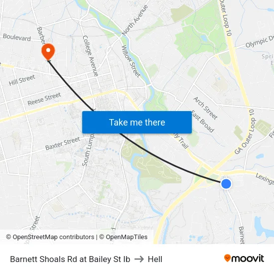 Barnett Shoals Rd at Bailey St Ib to Hell map