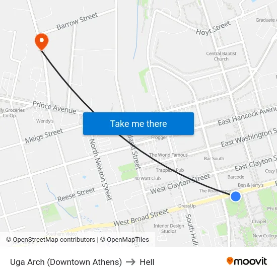 Uga Arch (Downtown Athens) to Hell map