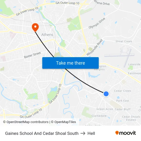 Gaines School And Cedar Shoal South to Hell map