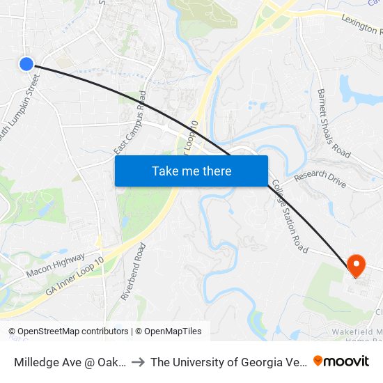 Milledge Ave @ Oakland Ave (Tri-Delta) to The University of Georgia Veterinary Teaching Hospital map