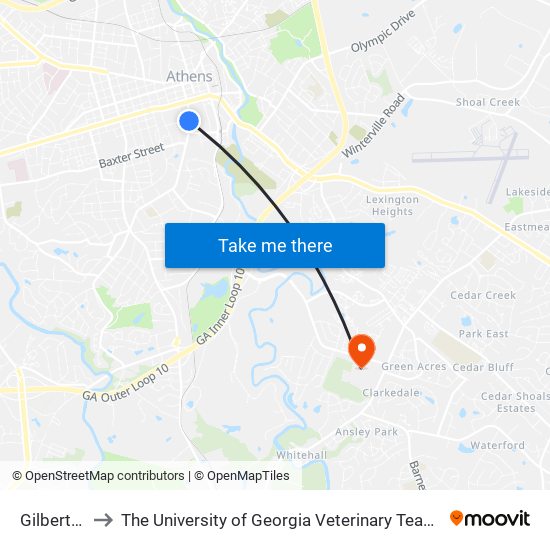 Gilbert Hall to The University of Georgia Veterinary Teaching Hospital map