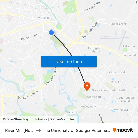 River Mill (Northbound) to The University of Georgia Veterinary Teaching Hospital map
