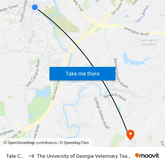 Tate Center to The University of Georgia Veterinary Teaching Hospital map