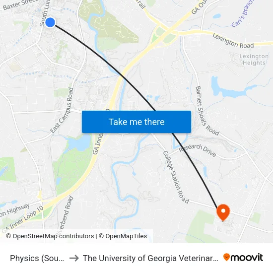 Physics (Southbound) to The University of Georgia Veterinary Teaching Hospital map