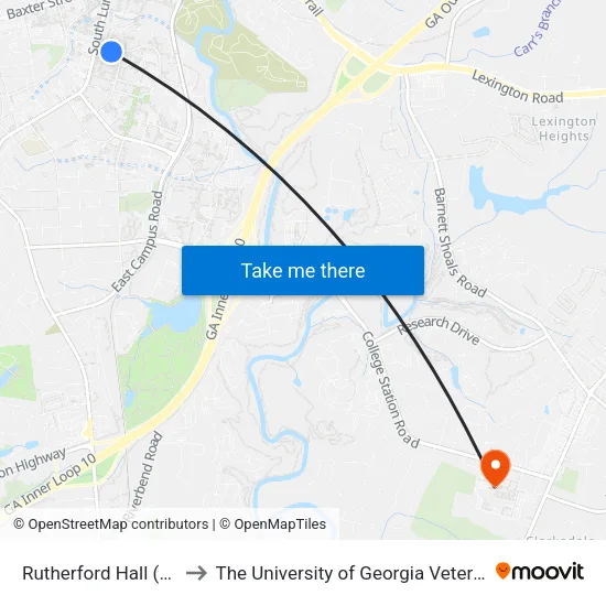 Rutherford Hall (To Sanford Dr) to The University of Georgia Veterinary Teaching Hospital map