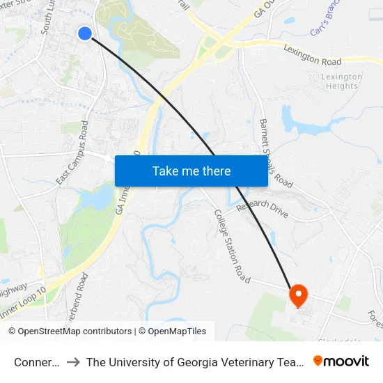 Conner Hall to The University of Georgia Veterinary Teaching Hospital map