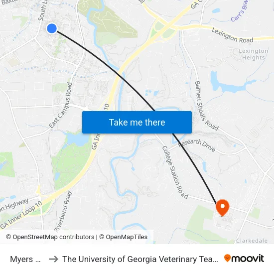 Myers Quad to The University of Georgia Veterinary Teaching Hospital map