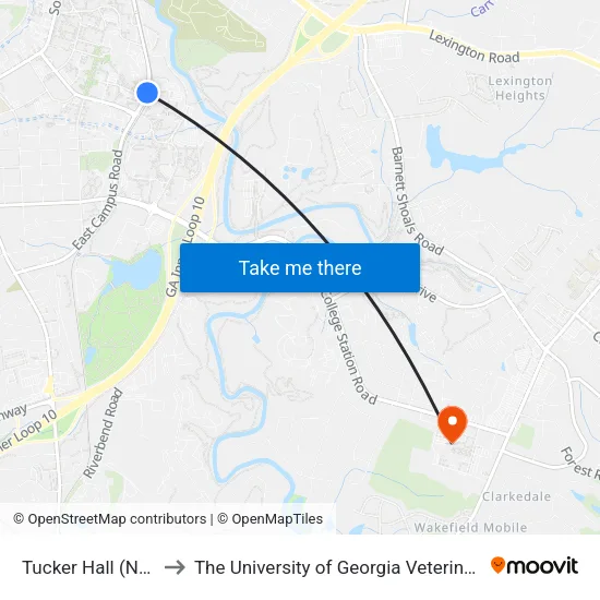 Tucker Hall (Northbound) to The University of Georgia Veterinary Teaching Hospital map