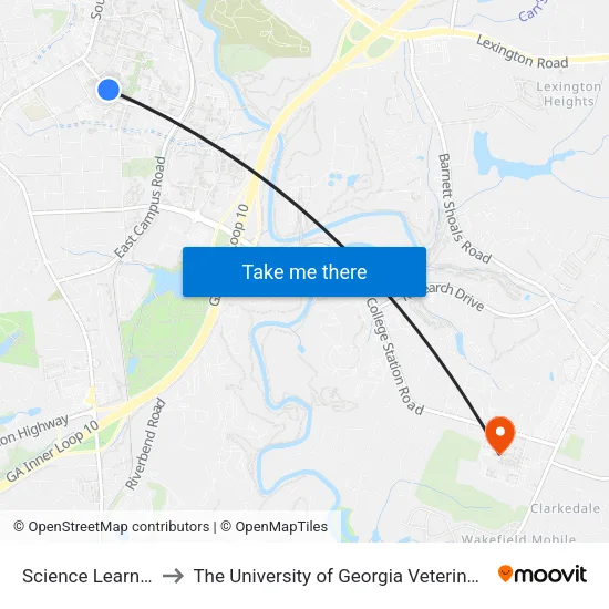 Science Learning Center to The University of Georgia Veterinary Teaching Hospital map