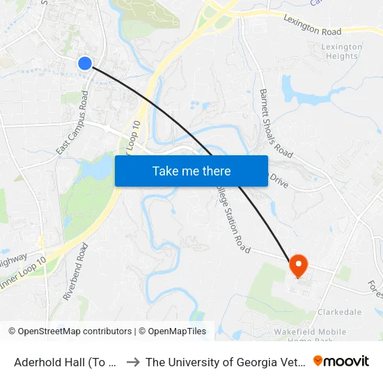 Aderhold Hall (To East Campus Rd.) to The University of Georgia Veterinary Teaching Hospital map